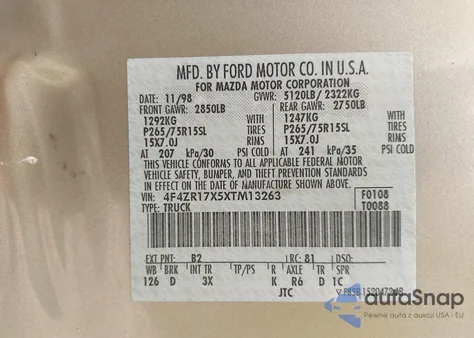 1999 Mazda B4000 Se/Tl from USA, damaged, VIN 4F4ZR17X5XTM13263